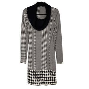 Cut25 by Yigal Azrouel M Black Cream Houndstooth Herringbone Sweater Dress Wool